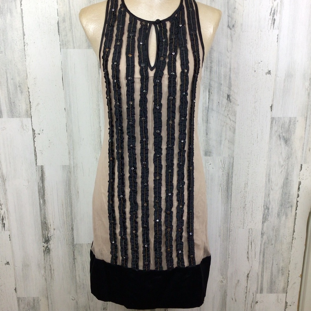 Free People Black Nude Beige Mesh Shift Dress Studded Trim Keyhole Front 6